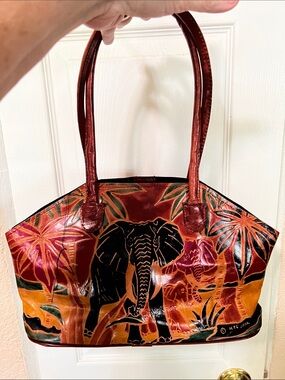 Vintage MTC 1992 Hand-Painted Red Elephant Leather Tote